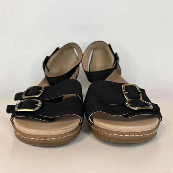 Dansko Women’s 7 / 37 Astrid Comfort Sandal Low Wedge Black Leather Strappy - Picture 3 of 10
